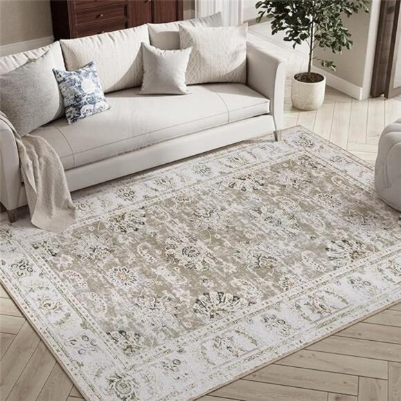 Washable Area Rug 4x6 Low Pile Bedroom Rug Indoor - Taupe Floral Print Stain - Picture 7 of 7